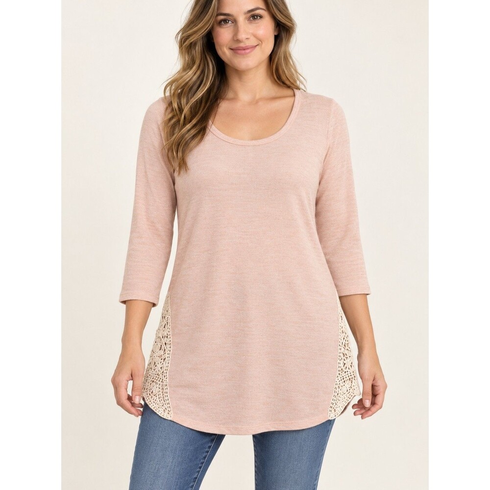 Women’s Peach 3/4 Sleeve Tunic Top Crochet Lace Side Panels Size 12-14